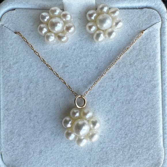 NWT 14K Gold Pearl Flower Earrings + 10K Necklace Bridal Set / Everyday Elegance - Picture 4 of 14